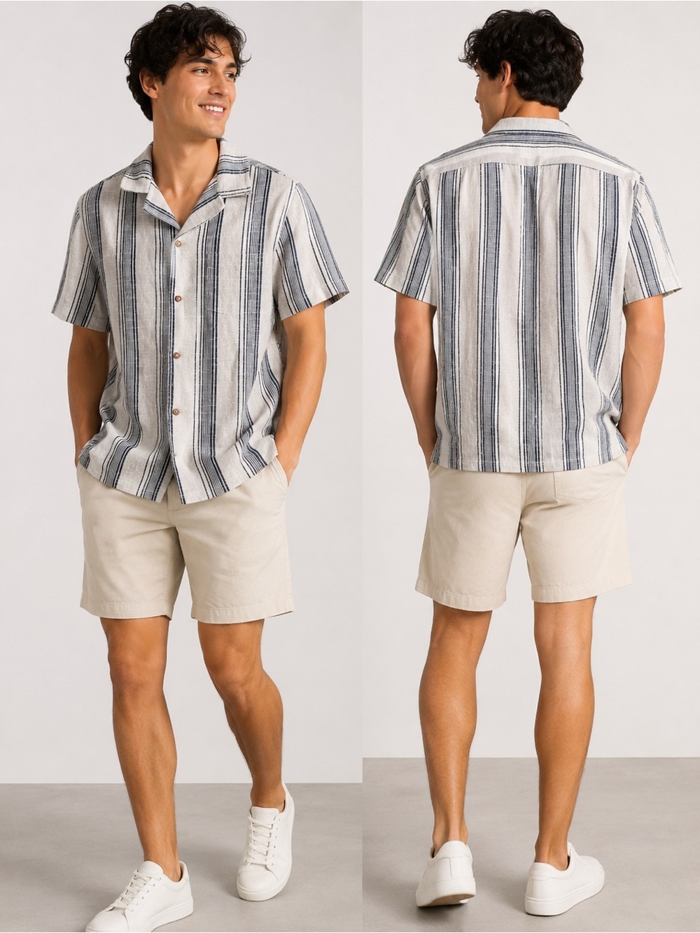 Ben Sherman Navy and Cream Striped Short-Sleeve Shirt